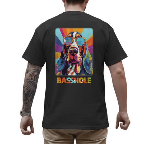 Mom & Dad Of a Basshole Basset Hound With Glasses -Adults Short Sleeve Men's Back Print T-Shirt - Father's Day Fun