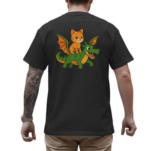 Orange Cat Dragon Riding Animal Lover Mom Dad Kids Men's Back Print T-Shirt - Father's Day Fun
