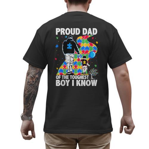 Proud Dad Of The Toughest Boy Autism Awareness Father Autism Men's Back Print T-Shirt - Father's Day Fun