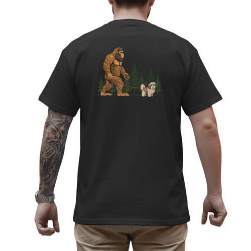 Shih Tzu Bigfoot Dog Walking Mom Dad Kids Men's Back Print T-Shirt - Father's Day Fun