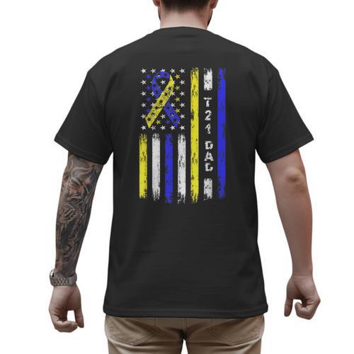 T21 Dad American Flag Down Syndrome Awareness Men's Back Print T-Shirt - Father's Day Fun