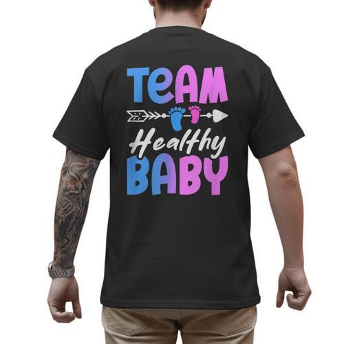 Team Healthy Baby Gender Reveal Pregnancy Mom Dad Men's Back Print T-Shirt - Father's Day Fun