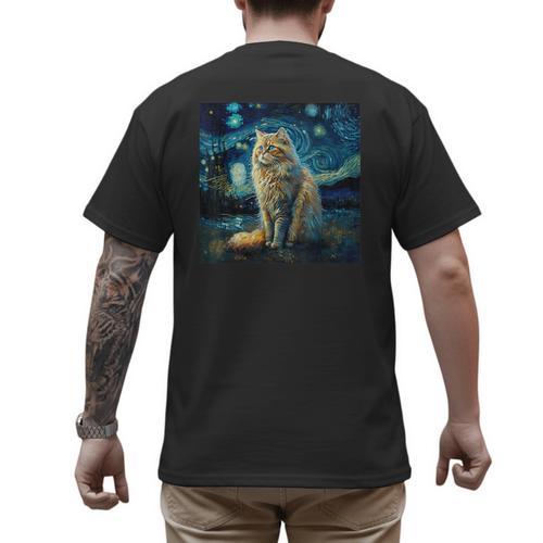 Van Gogh Starry Night Cat For Cat Lover Cat Mom And Cat Dad Men's Back Print T-Shirt - Father's Day Fun
