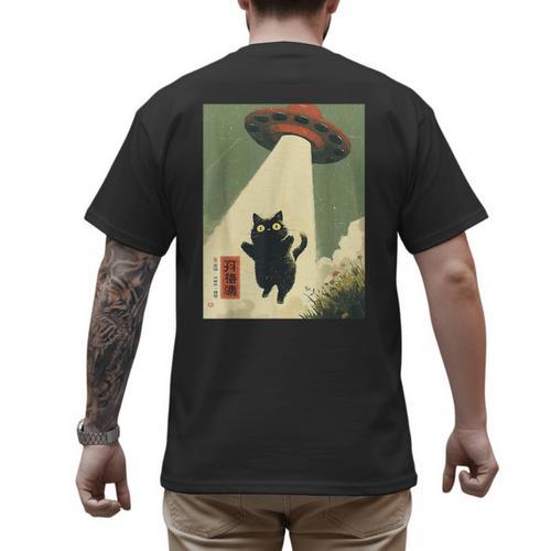 Vintage Japanese Cat Alien Cat Dad UFO Abduction Graphic Tee Men's Back Print T-Shirt - Father's Day Fun