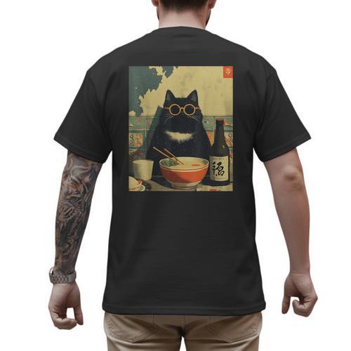 Vintage Japanese Cat Ramen Cat Dad Retro Graphic Women Men's Back Print T-Shirt - Father's Day Fun