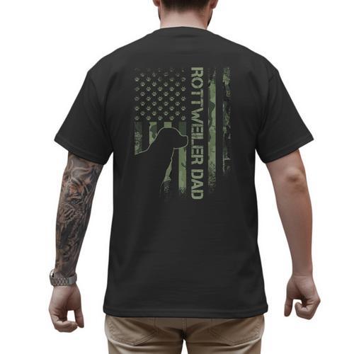 Vintage USA Camo Flag Proud Rottweiler Dad Rottie Silhouette Men's Back Print T-Shirt - Father's Day Fun