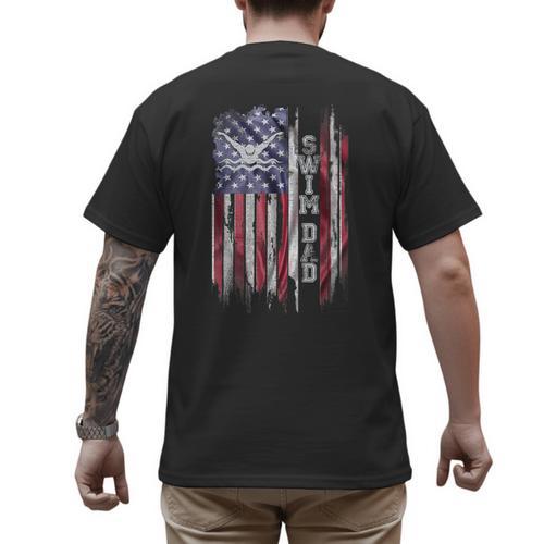 Vintage USA Flag Proud Swimming Dad Swim Swimmer Silhouette Men's Back Print T-Shirt - Father's Day Fun