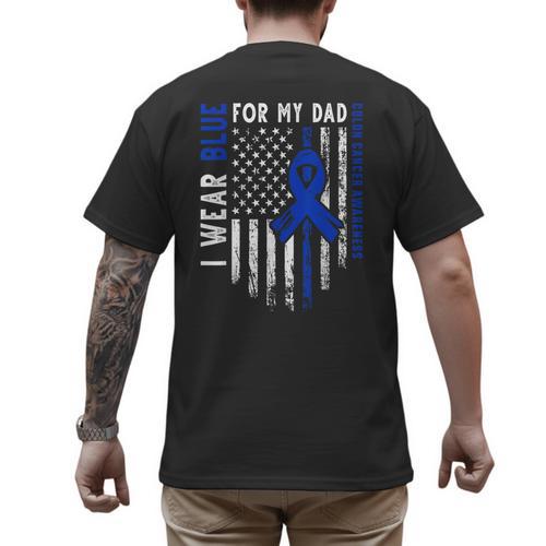 I Wear Blue For My Dad Colon Cancer Awareness Blue USA Flag Men's Back Print T-Shirt - Father's Day Fun