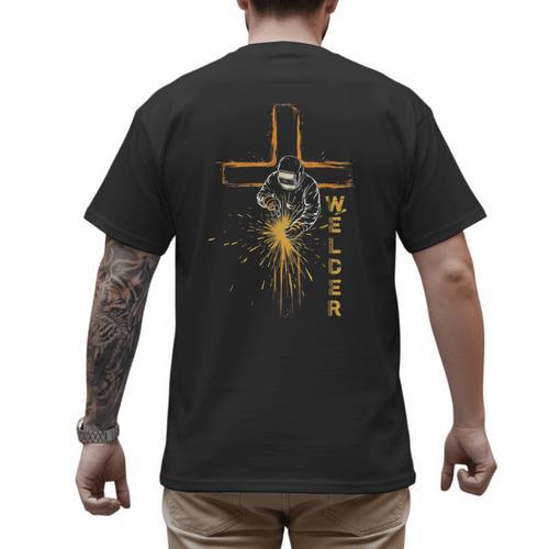 Welder Christian Cross Weld Welding Dad Jesus Lover Men's Back Print T-Shirt - Father's Day Fun