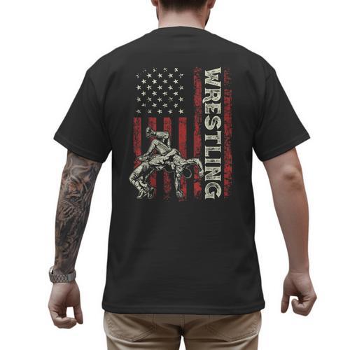 Wrestling US Flag Dad Wrestler Patriotic 4th Of July Men's Back Print T-Shirt - Father's Day Fun