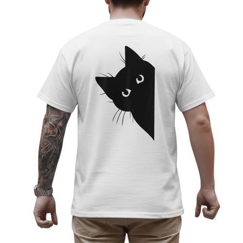 Curious Cat Peeking Sneaky Cat Cat Mom Cat Dad Men's Back Print T-Shirt - Father's Day Fun