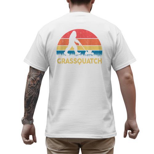 Dad Lawn Mowing Grassquatch Bigfoot Mower Garden Men's Back Print T-Shirt - Father's Day Fun