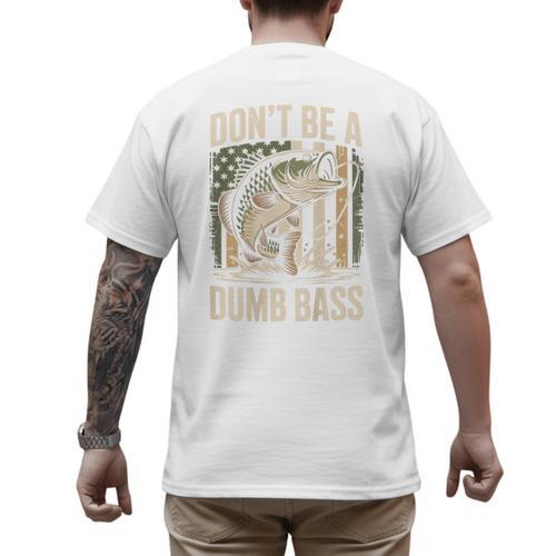 Don't Be A Dumb Bass Fish Camo American Flag Dad Jokes Men's Back Print T-Shirt - Father's Day Fun