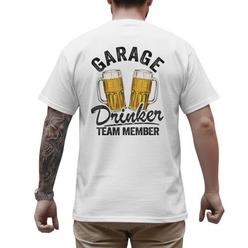 Garage Drinker Team Member Day Drinking Dad Beer Garage Men's Back Print T-Shirt - Father's Day Fun