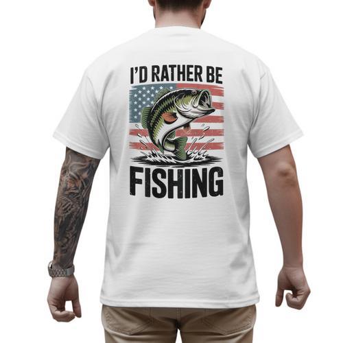 I'd Rather Be Fishing Bass Fish Dad Joke American Flag Men's Back Print T-Shirt - Father's Day Fun