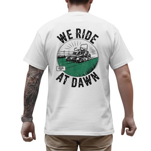 We Ride At Dawn Lawn Mower Zero-Turn Dad Mowing Men's Back Print T-Shirt - Father's Day Fun