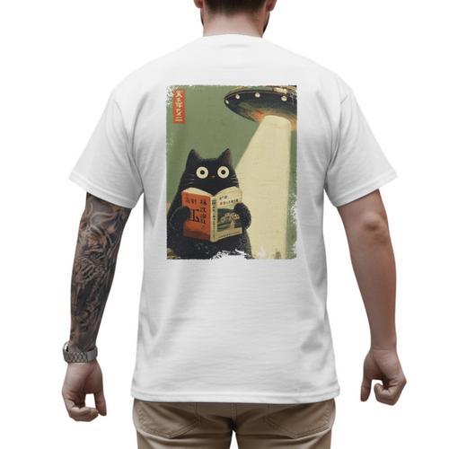 Vintage Japanese Cat Book Lovers UFO Alien Abduction Cat Dad Men's Back Print T-Shirt - Father's Day Fun