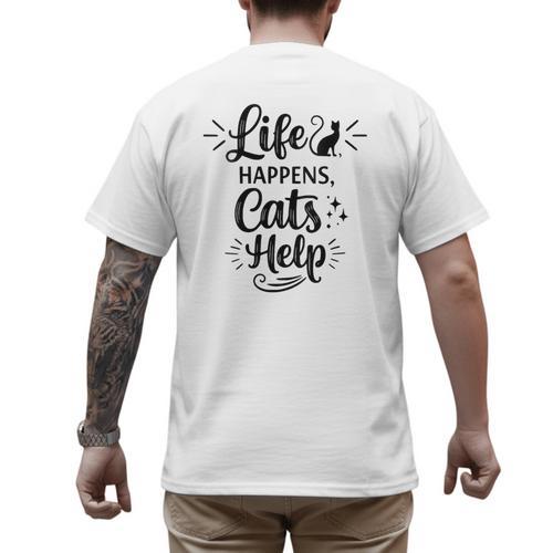 Women's Life Happens Cats Help Cat Lover Cat Moms Cat Dads Men's Back Print T-Shirt - Father's Day Fun