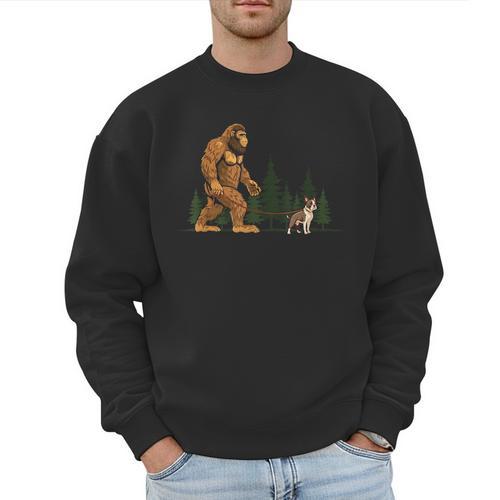Boston Terrier Bigfoot Dog Walking Dog Mom Dad Kids Men Sweatshirt - Father's Day Fun