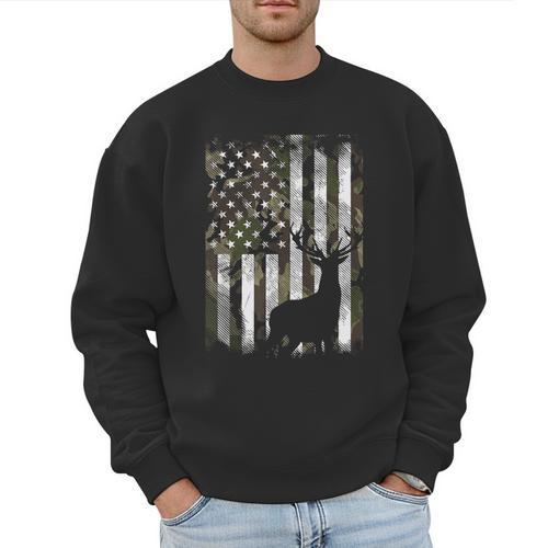Camo US Flag Deer Elk Buck Camoflage Hunting Hunter Dad Short Sleeve Men Sweatshirt - Father's Day Fun