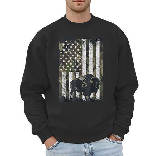 Camo USA Flag Bison Camouflage Hunting Wildlife Hunter Dad Men Sweatshirt - Father's Day Fun