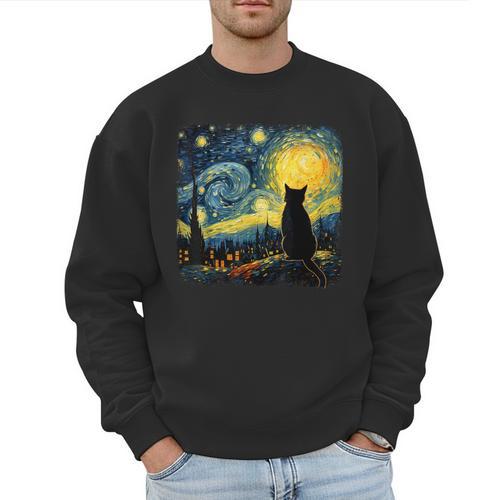 Cat Starry Night Van Gogh Cat For Cat Lover Cat Mom Cat Dad Men Sweatshirt - Father's Day Fun