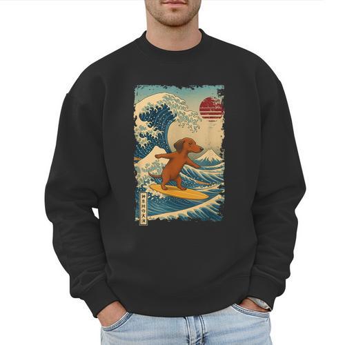 Dachshund Doxie Japanese Kanagawa Wave Surfing Japan Mom Dad Men Sweatshirt - Father's Day Fun