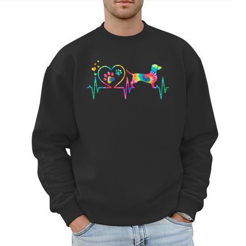 Dachshund Doxie Weenie Mom Dad Heartbeat Tie Dye Dog Men Sweatshirt - Father's Day Fun