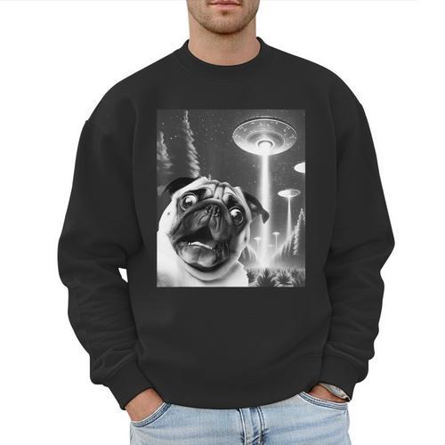 Pug Alien UFO Taking a Selfie Dog Mom Dad Men Sweatshirt - Father's Day Fun