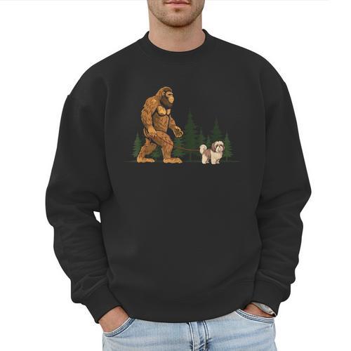 Shih Tzu Bigfoot Dog Walking Mom Dad Kids Men Sweatshirt - Father's Day Fun