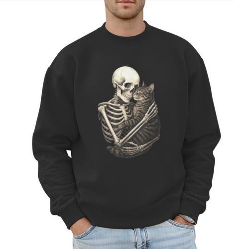 Skeleton Hugging Cat Halloween Cat Lover Cat Mom Dad Men Sweatshirt - Father's Day Fun