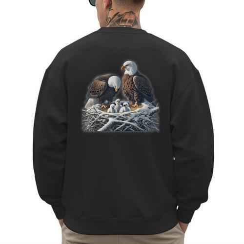Bald Eagle Dad Mom Three Eaglet Chicks Babies In The Nest Men's Sweatshirt Back Print - Father's Day Fun