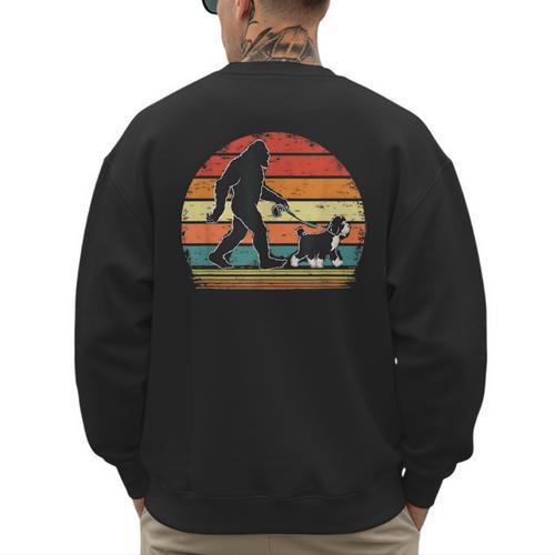 Bigfoot Walking a Dog Bernedoodle Dog Dad Men's Sweatshirt Back Print - Father's Day Fun
