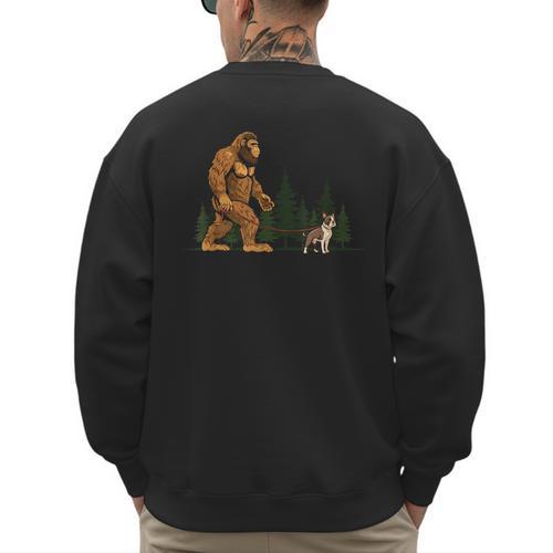 Boston Terrier Bigfoot Dog Walking Dog Mom Dad Kids Men's Sweatshirt Back Print - Father's Day Fun