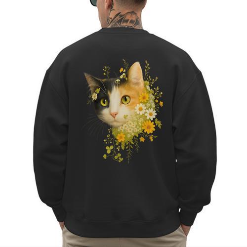 Calico Cat With Flowers For Mom Dad Women Men Kids Botanical Men's Sweatshirt Back Print - Father's Day Fun