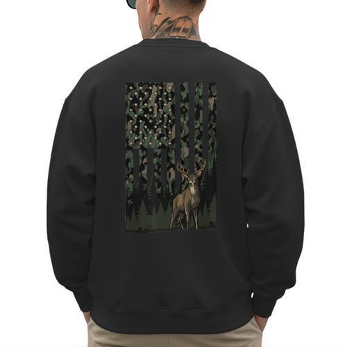 Camo Deer American Flag Graphic Hunting Men Dad Boys Men's Sweatshirt Back Print - Father's Day Fun
