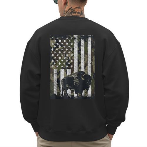 Camo USA Flag Bison Camouflage Hunting Wildlife Hunter Dad Men's Sweatshirt Back Print - Father's Day Fun