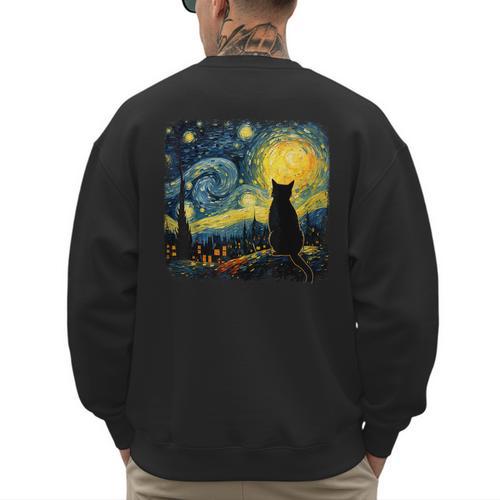 Cat Starry Night Van Gogh Cat For Cat Lover Cat Mom Cat Dad Men's Sweatshirt Back Print - Father's Day Fun