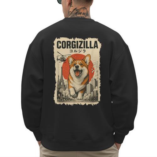 CorgiZilla Parody Japanese Art Vintage Corgi Dog Mom Dog Dad For Men Women Kids Men's Sweatshirt Back Print - Father's Day Fun
