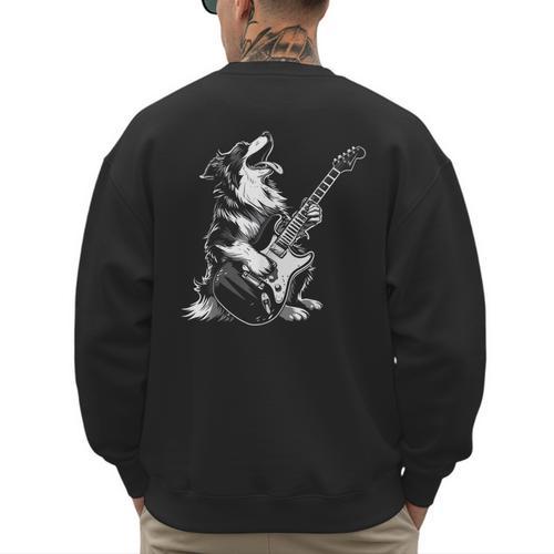 Dog Guitarist Guitar Australian Shepherd Dad Mom Men's Sweatshirt Back Print - Father's Day Fun