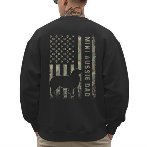 Mini Aussie Dad Australian Shepherd Dog Camo USA Flag Men's Sweatshirt Back Print - Father's Day Fun