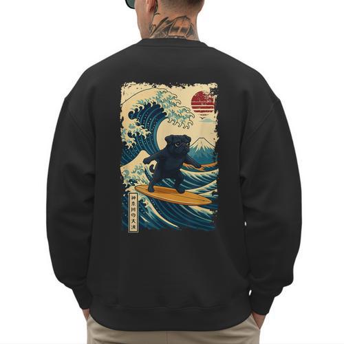 Pug Japanese Kanagawa Wave Surfing Japan Mom Dad Kids Men's Sweatshirt Back Print - Father's Day Fun