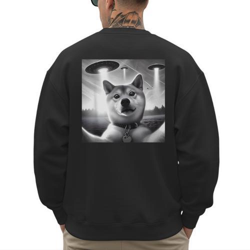 Shiba Inu Dog Dad Mom Graphic Selfie UFOs Weird Aliens Men's Sweatshirt Back Print - Father's Day Fun