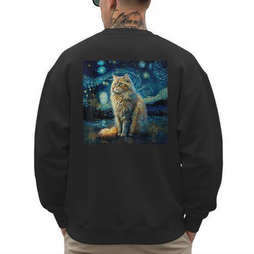 Van Gogh Starry Night Cat For Cat Lover Cat Mom And Cat Dad Men's Sweatshirt Back Print - Father's Day Fun