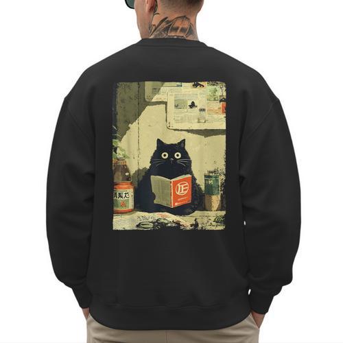 Vintage Japanese Cat Book Lovers Librarian Cat Dad Teacher Men's Sweatshirt Back Print - Father's Day Fun