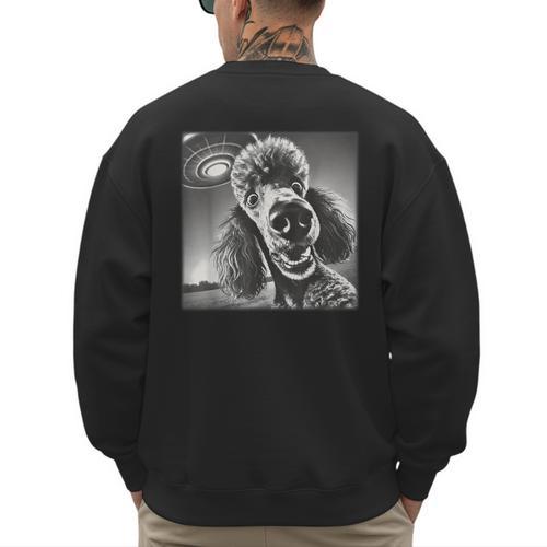 Vintage Poodle Selfie With UFO Alien Photobooth Dog Mom Dad Men's Sweatshirt Back Print - Father's Day Fun
