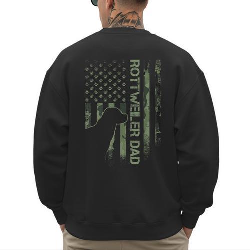 Vintage USA Camo Flag Proud Rottweiler Dad Rottie Silhouette Men's Sweatshirt Back Print - Father's Day Fun
