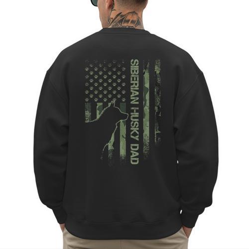 Vintage USA Camo Flag Proud Siberian Husky Dad Silhouette Men's Sweatshirt Back Print - Father's Day Fun