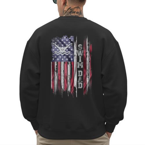 Vintage USA Flag Proud Swimming Dad Swim Swimmer Silhouette Men's Sweatshirt Back Print - Father's Day Fun