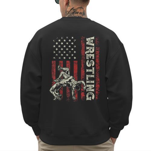 Wrestling US Flag Dad Wrestler Patriotic 4th Of July Men's Sweatshirt Back Print - Father's Day Fun
